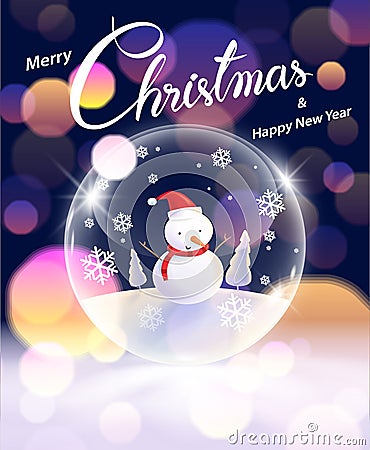 Snowman in a transparent glass ball Vector Illustration