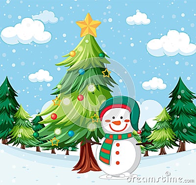 Snowman under Christmas tree outdoor background Vector Illustration