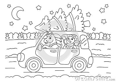 Snowman and unicorn are driving a car for the Christmas holiday. Coloring book page for kids. Cartoon style character. Vector Vector Illustration