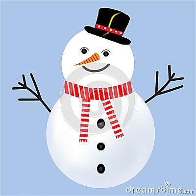 Snowman vector design on a blue background. Christmas design with a snowman. A winter snowman with neck muffler, hat, tree branch Vector Illustration