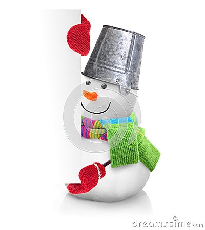 Snowman wearing green scarf and red gloves Stock Photo