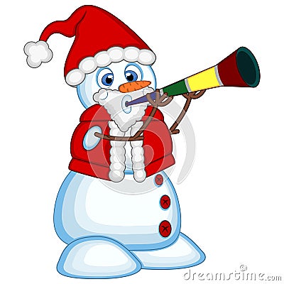 Snowman wearing a Santa Claus costume blowing horns for your design Vector Illustration Vector Illustration