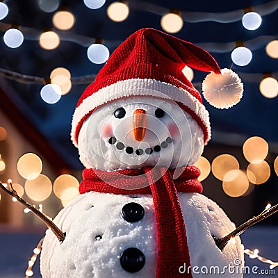 snowman wearing santa hat with christmas lights Stock Photo