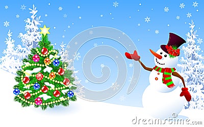 Snowman welcomes decorated Christmas tree Vector Illustration