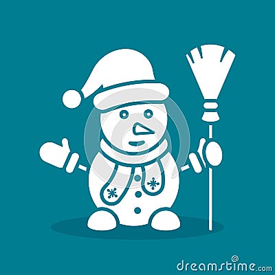 Snowman white icon on blue background with hat, scarf, broom, mittens. Vector simple silhouette snowman llustration Vector Illustration