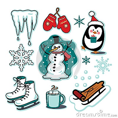 Snowman winter fun illustration set sled ice skates hot cocoa Vector Illustration