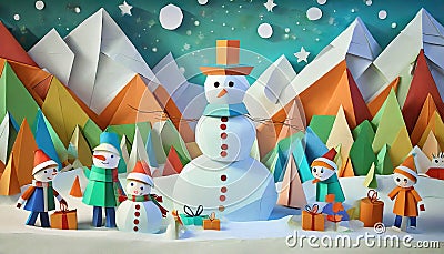 Snowman in winter landscape, Christmas decoration card, Merry Christmas illustration, ai generated Cartoon Illustration