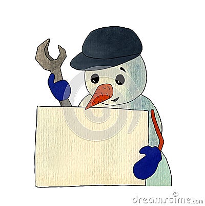 Snowman with a wrench and a white nameplate Cartoon Illustration