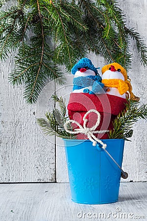 Snowmen board wooden Christmas winter plush duo Stock Photo