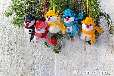 Snowmen board wooden Christmas winter plush team family Stock Photo