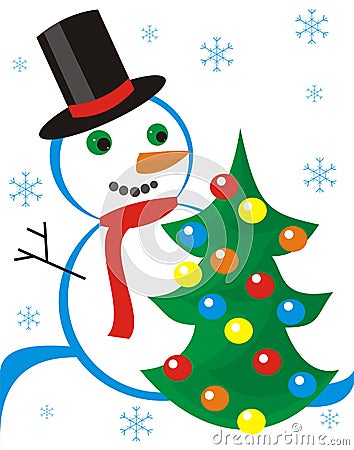 Snowmen and fur-tree Vector Illustration