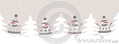 snowmen have fun in winter holidays. Seamless border. Christmas background. Four different snowmen in beige brown winter clothes Vector Illustration