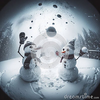 Snowmen having a snowball fight Stock Photo