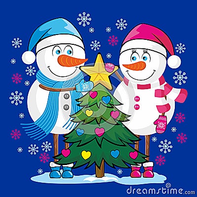 Snowmen in love meet a new year together under the Christmas tree. Vector Illustration
