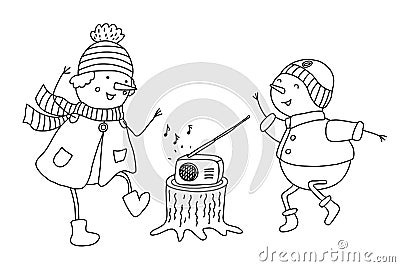 Dancing cheerful snowmen kids. Doodle hand drawn illustration isolated on white Vector Illustration