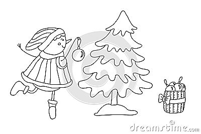 Girl snowman decorating Christmas tree hand drawn illustration Vector Illustration