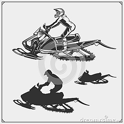 Snowmobile emblems, labels, badges and design elements. Snowmobile Freestyle. Print design for t-shirt and sport club emblems. Vector Illustration