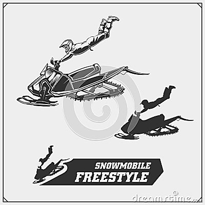 Snowmobile emblems, labels, badges and design elements. Snowmobile Freestyle. Print design for t-shirt and sport club emblems. Vector Illustration