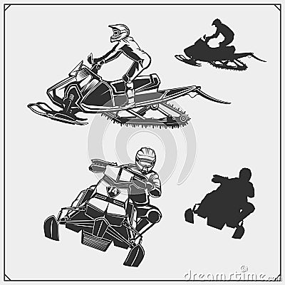 Snowmobile emblems, labels, badges and design elements. Snowmobile Freestyle. Print design for t-shirt and sport club emblems. Vector Illustration