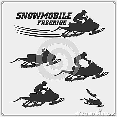 Snowmobile emblems, labels, badges and design elements. Snowmobile Freestyle. Print design for t-shirt and sport club emblems. Vector Illustration