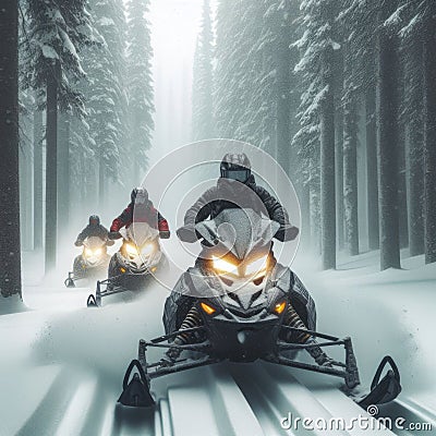 Snow mobile races through snow covered landscape Stock Photo