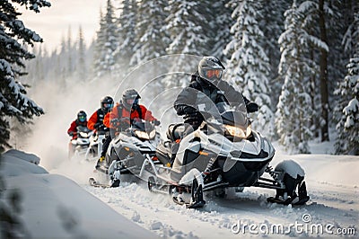 Snowmobilers navigating through a snowy forest, showcasing the excitement of winter sports. Generative Ai Stock Photo