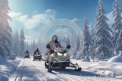 Snowmobiling Expedition: Embracing Winter Nature& x27;s Beauty in Snowy Forests Stock Photo