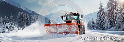 A snowplough working to remove snow from a road after a winter storm. Winter road clearing Stock Photo