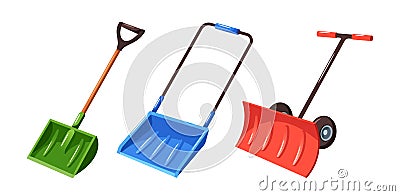 Snowplow Shovels Set, Sturdy Tools Designed For Efficient Snow Removal. With Durable Blades, Wheels And Handles Vector Illustration