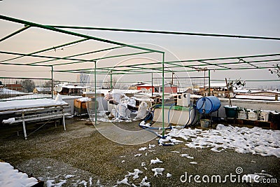 Rush and many footprints on mosaics and snow made by children and people.e. Stock Photo