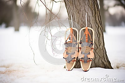 snowshoes propped against tree Stock Photo