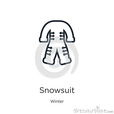 Snowsuit icon. Thin linear snowsuit outline icon isolated on white background from winter collection. Line vector snowsuit sign, Vector Illustration