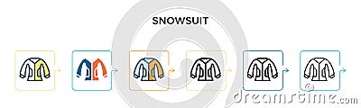 Snowsuit vector icon in 6 different modern styles. Black, two colored snowsuit icons designed in filled, outline, line and stroke Vector Illustration