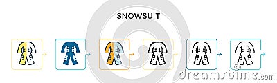 Snowsuit vector icon in 6 different modern styles. Black, two colored snowsuit icons designed in filled, outline, line and stroke Vector Illustration