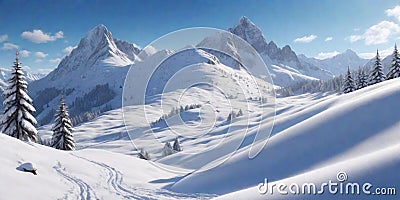 snowy alpine meadows, where pristine snow blankets the landscape beneath a clear blue sky. Stock Photo