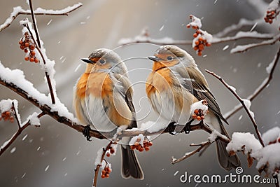 Snowy aviators birds on snowy branches showcase resilience, winter ecosystem synergy Stock Photo