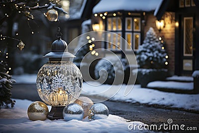 Snowy backyard decorated with luminous garlands, balls and lanterns for christmas, preparations for new year, AI Generated Cartoon Illustration