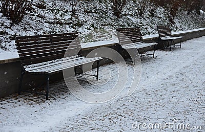 Snowy benches near the supporting concrete gray wall in the park. Paving and metal low fences protect ornamental flower beds from Stock Photo