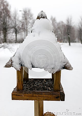 snowy bird feeder with seeds Bird feeder in the winter snowy garden Winter time. Winter Stock Photo