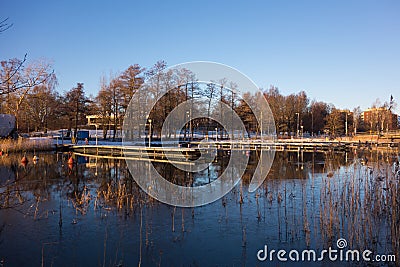 Snowy boat docks by the sea in Helsinki, Finland Stock Photo