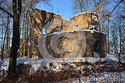 Snowy Bolczow Castle. Janowice Wielkie. Lower Silesia. Poland. Stock Photo