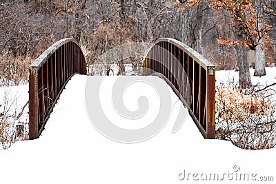 Snowy Bridge at Chain O`Lakes State Park, Winter Stock Photo