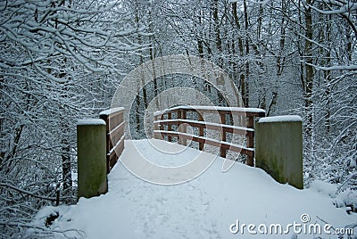 Snowy bridge in the Reedcorner - coloured winter image Stock Photo