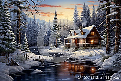 Snowy cabin clip art in a peaceful forest Stock Photo