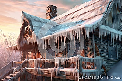 snowy cabin rooftop with icicles and frosty windows Stock Photo