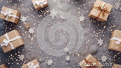 Snowy Christmas background composition with decoration and New Years gift boxes. Flat lay. Top view Stock Photo