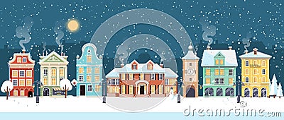 Snowy Christmas night in cozy town city panorama. Winter village holiday landscape, vector illustration Vector Illustration