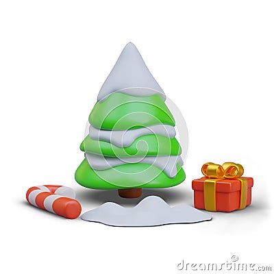 Snowy Christmas tree, red gift box, candy cane, snow drift. Cute 3D vector composition Vector Illustration