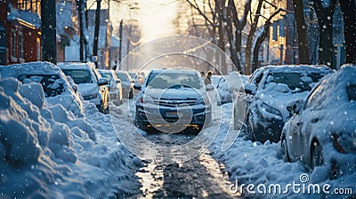 Snowy City Roads.Traffic jam on an Urban Street. Snow-Clad Vehicles and Icy Paths Stock Photo