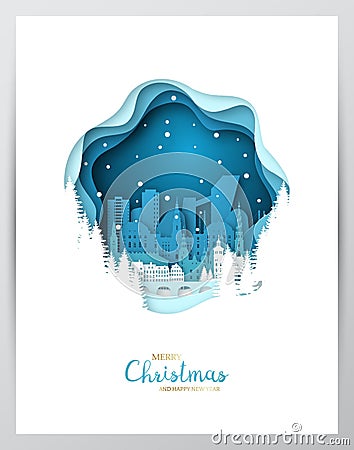 Snowy Copenhagen city. Paper art greeting card. Vector Illustration